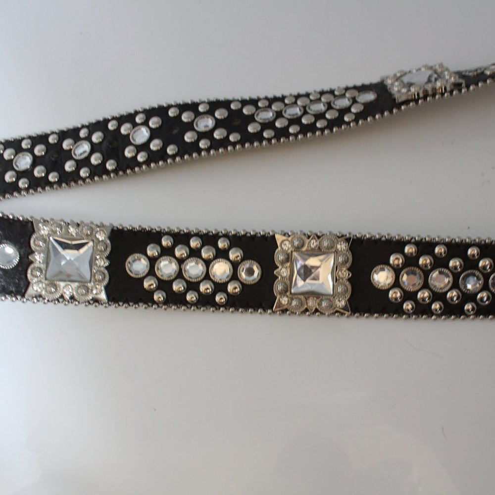 Western Women's Belt Brown Leather Square Rhinestone Conchos And Crystal Bling ~ - Picture 3 of 11